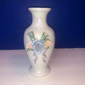 Vintage VASE Bisque Porcelain Applied  Rose Flower & Ribbon 3D Iridescent Glaze